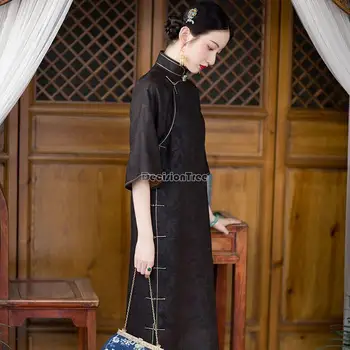 2023 китайские платья ципао, платья в восточном стиле, атласное платье с принтом чонсам в китайском стиле, черное вечернее платье, восточное ципао