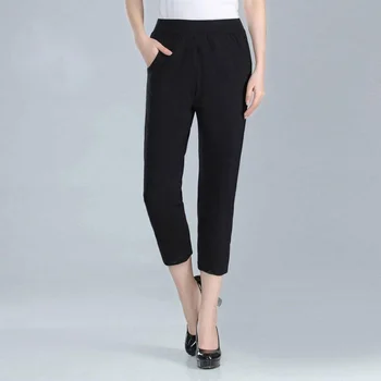 2023 Летние Мамины Корейские брюки, Повседневные женские брюки среднего возраста с тонкой эластичной талией, Весенние прямые брюки Pantlon Femme