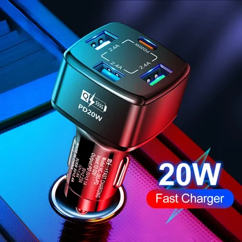 4 Порта USB Автомобильное Зарядное Устройство Quick Charge QC 3.0 PD Type C 20 Вт Автомобильный Адаптер Зарядного устройства Для телефона iPhone 14 13 12 Huawei Samsung