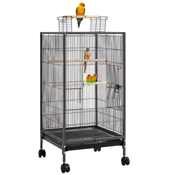 40-дюймовая клетка для попугаев с открытым верхом и подставкой на колесиках, черная