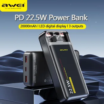 Awei P24K Портативный Power Bank 20000 мАч для мобильных телефонов IOS и Android, PD 22,5 Вт, внешний аккумулятор Powerbank для улицы, быстрая зарядка