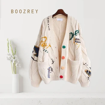 BoozRey/ Зимняя одежда, Женский свитер, Кардиган, Повседневные свитера Y2k с вышивкой букв в стиле Харадзюку, Свободное короткое пальто с длинным рукавом