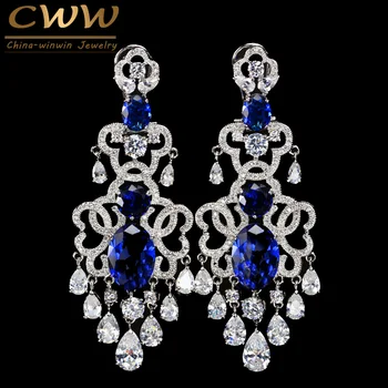 CWWZircons Роскошный Африканский Нигерийский Дизайн, Висячая Капля Кубического Циркония, Большая Королевская Синяя Винтажная Свадебная Серьга Для невест CZ380