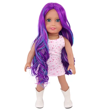 MUZIWIG 18-дюймовые американские кукольные парики, аксессуары для кукол, Градиентный фиолетовый Длинный вьющийся парик из высокотемпературного волокна для куклы