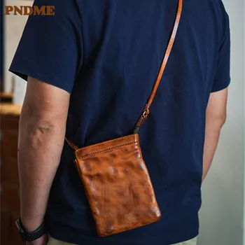 PNDME винтажная модная роскошная дизайнерская мужская маленькая сумка для телефона из натуральной воловьей кожи, органайзер, подростковая уличная сумка через плечо