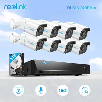 Reolink RLK16-810B8-A Комплект видеорегистратора 4K PoE Обнаружение человека/автомобиля Запись 24/7 3 ТБ HDD 8 МП Ultra HD Bullet Система безопасности Умного дома