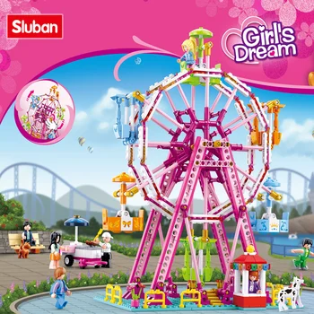 Sluban Building Block Toys Girls Dream Розовая Игровая площадка B0723 Красочное Колесо Обозрения 789 шт. Кирпичи Совместимы С Ведущими брендами
