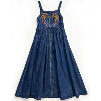 Весенне-летнее Новое платье-кардиган с вышивкой в стиле ретро, Приталенная джинсовая юбка на подтяжках с воротником в одно слово