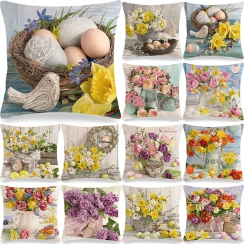 Весенние цветы Чехол для подушки 18x18 дюймов льняные наволочки Пасхальные яйца с принтом наволочки Пасхальная цветочная наволочка