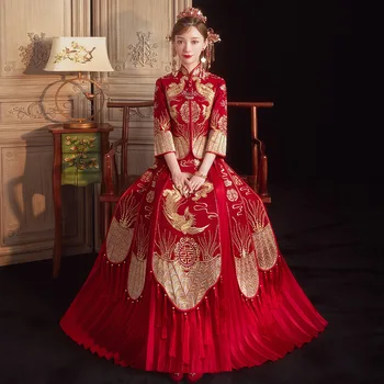 Винтажное свадебное платье с вышивкой Феникса для невесты, традиционное свадебное платье в китайском стиле, Женское восточное Qi Pao, размер S-XXL