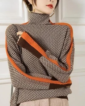Дизайн 2023 Года, Свободный Свитер с контрастными рукавами, полностью имитирующий Шерстяной свитер с высоким воротом для женщин в