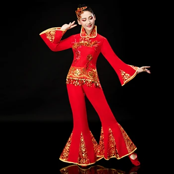 Древнекитайский костюм для танцев с веерным танцем, Одежда для танцев с барабаном на талии, Костюм для выступлений для взрослых, Красная национальная одежда Янко