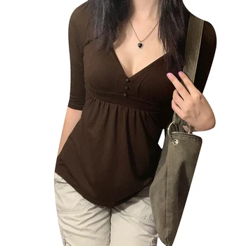 Женская однотонная рубашка с рукавом до локтя, V-образный вырез, декор на пуговицах, свободный подол, топы, футболка для женщин