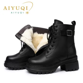 Женские ботинки AIYUQI На платформе и высоком каблуке, Зимние женские военные ботинки из натуральной кожи, Большие размеры, Теплые зимние ботинки из плотной шерсти