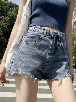 Женские летние шорты Модные однотонные женские короткие джинсы с дырками Новая корейская версия Женские шорты на пуговицах с высокой талией