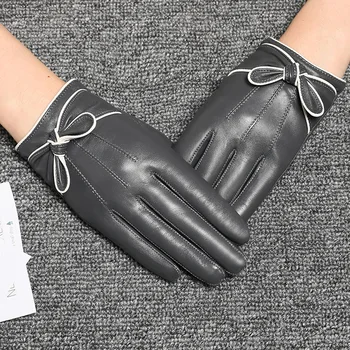 Женские осенне-зимние утепленные теплые перчатки из натуральной кожи, женские перчатки из натуральной кожи с маленьким бантом, тонкие зимние перчатки для вождения R3466