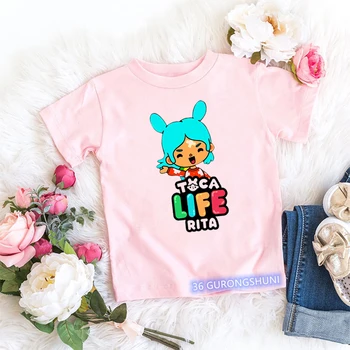 Кавайные Детские футболки С Забавным Рисунком из видеоигр Toca World, Футболка для малышей с Мультяшным Принтом, Летние Модные Футболки для маленьких девочек, Розовые Топы