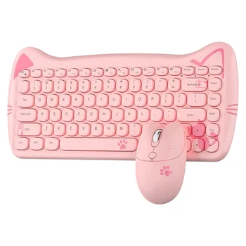 Комбинированная беспроводная клавиатура и мышь, 2,4 ГГц, симпатичная ретро-клавиатура и мышь для настольного компьютера-розовый