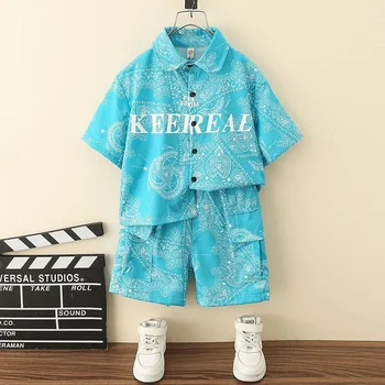 Летняя рубашка с шортами для мальчиков, Костюм-двойка в Корейском стиле 2023 года, Новые детские Модные Комплекты одежды для уличных Танцев с цветами Кешью