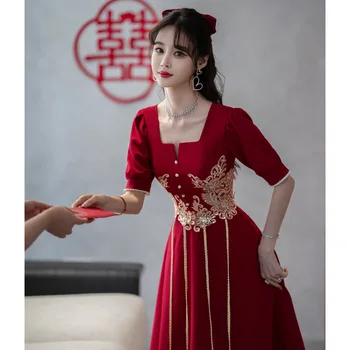 Новое женское элегантное длинное ципао, украшенное кисточками, китайский свадебный Чонсам, сексуальное традиционное платье с квадратным воротником, S-5XL Vestidos