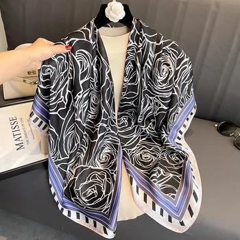 Новый дизайн, имитирующий шелк с принтом Розы 110 см, солнцезащитный Многоцелевой Женский шарф-Хиджаб