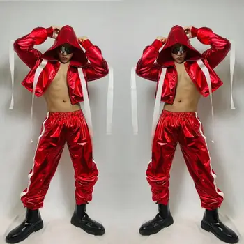 Одежда для танцев в стиле хип-хоп в ночном клубе, Красный костюм, Сексуальный мужской костюм для танцев на шесте, Красная толстовка, брюки, Рейв-наряд для диджея-танцора в баре
