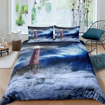 Одеяло с маяком, пододеяльник в морском стиле, набор постельных принадлежностей для серфинга, Океанская волна, Полноразмерный комплект постельного белья на тему прибрежной природы, детское одеяло
