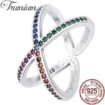 Открытое Кольцо с крестом из стерлингового серебра Trumium 100% S925 для женщин, красочные кубические Циркониевые Обручальные кольца Роскошной Индивидуальности
