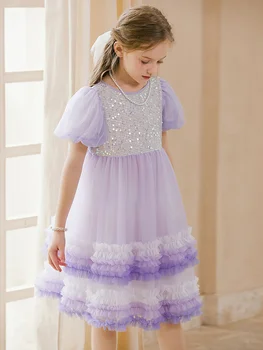 Платья для маленьких девочек, Газовые блестки, Фиолетовая Милая одежда принцессы, Летняя одежда для детей от 3 до 14 лет, Детская одежда в Кавайном стиле, Одежда для Подружек Невесты