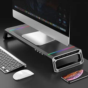 Подставка для монитора игрового компьютера RGB, 4 порта USB2.0, Клавиатура, мышь, Полка для хранения, Стойка для экрана с выдвижным ящиком, полка для монитора