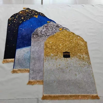 Профилированное Золотое Бархатное Молитвенное Одеяло с Бриллиантами, Нескользящий Мягкий Молитвенный Коврик Специальной формы для Мусульманского Богослужения, Коврик для Подарков на Ид Рамадан