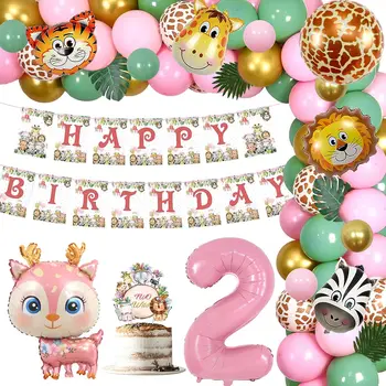Розовое Сафари, Украшения для Вечеринки на 2-й день рождения, Комплект для арки из двух диких воздушных шаров для Девочек с животными джунглей, баннер с Днем Рождения, Топпер для торта