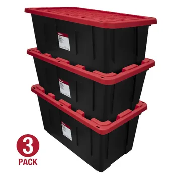 Сверхпрочный пластиковый контейнер для хранения с защелкивающейся крышкой объемом 40 галлонов, черный с красной крышкой, набор из 3