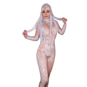 Сексуальный комбинезон с блестящими кристаллами, цельный облегающий костюм, Роскошный модный комбинезон для женщин, праздничный костюм знаменитостей, одежда для сцены