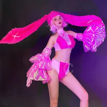 Сексуальный розовый танцевальный костюм для вечеринки в баре, плюшевая шапка с заячьими ушками, Бикини, Наряды для ночного клуба, Клубный фестиваль, одежда для рейв-выступлений