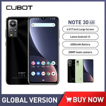 Смартфоны Cubot Note 30 с экраном 6,517 дюйма, двумя SIM-картами 20 Мп, восьмиядерным мобильным телефоном Android 12, 4 ГБ + 64 ГБ (256 ГБ расширено), 4000 мАч