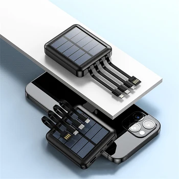Солнечный Банк питания 20000 мАч Встроенный Кабель Для Xiaomi Mini Powerbank Портативное Внешнее Зарядное устройство Для iPhone Huawei Samsung