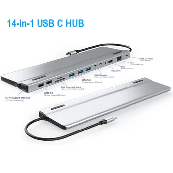 14 в 1 Usb C Концентратор 3,0 Type c Док-станция USB C К HDMI VGA TF/SD Кард-ридер RJ45 PD Аудио Для MacBook Pro Huawei Matebook