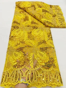 NDPN241 Кружевная ткань желтого цвета в африканском стиле с пайетками, новое поступление, вышитое французское тюлевое кружево для вечеринки и свадебного платья