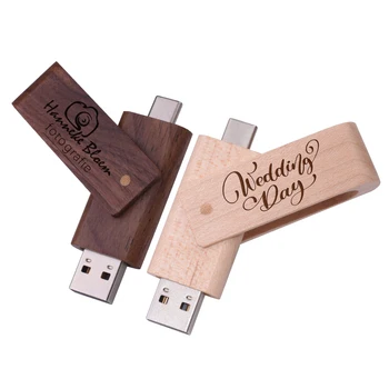 Деревянный USB-накопитель TYPE-C с Бесплатным Пользовательским Логотипом, флеш-накопитель 64 ГБ, Вращающийся USB-накопитель 32 ГБ, Креативные Деловые Подарки, Флешка 16 ГБ, 8 ГБ
