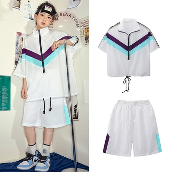Детская Уличная одежда для танцев в стиле хип-хоп, Свободный Белый спортивный костюм, костюмы для джазовых выступлений для мальчиков, одежда для занятий рейвом для девочек DQS13438