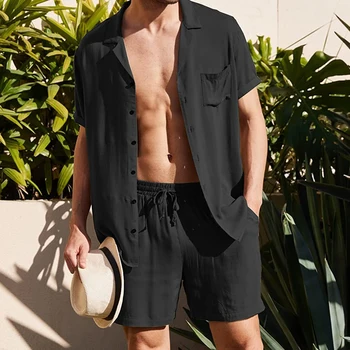 Комплекты мужской одежды из хлопка и льна, летняя однотонная повседневная рубашка с коротким рукавом, Футболка + Шорты, Модный Гавайский Пляжный костюм-двойка