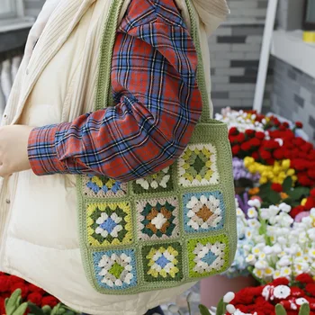 Креативная бабушкина клетчатая сумка через плечо ручной работы с коричневой цветочной строчкой, женская сумка из шерсти и крючком