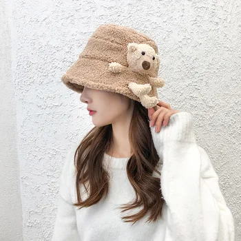 Осенне-зимняя шапка, Женская Панама с плюшевым Мишкой в Корейском стиле, Студенческая Милая Теплая Модная Универсальная шляпа-ведро