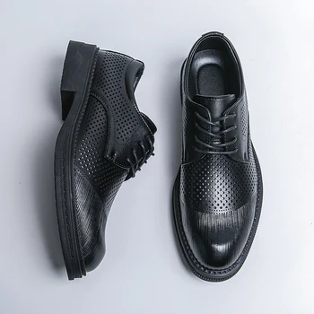 Роскошные летние мужские кожаные туфли в деловом стиле, Дышащие мужские свадебные туфли на толстой подошве, вечерние туфли на шнуровке