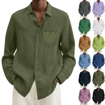 Рубашки с длинными рукавами Для мужчин, Хлопчатобумажные льняные однотонные повседневные Свободные рубашки Больших размеров в европейском и американском стиле, Свободная уличная одежда, блузки, топы